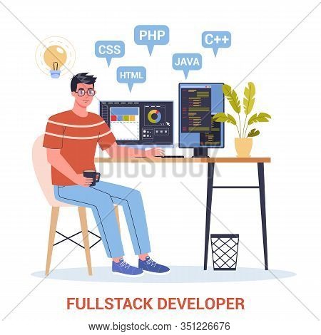 Vector Illustration Of A Full Stack Developer Working On Computer.