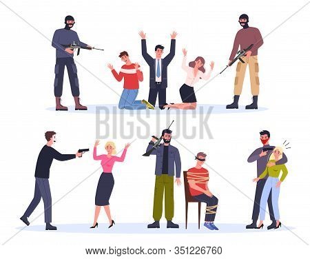 Terrorist And Hostage. Man In Mask Holding Gun And Attack People.