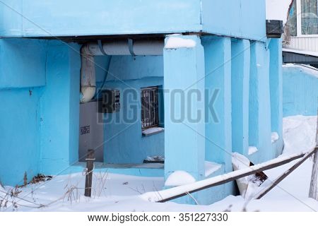 Blue Porch With Columns, Entrance To The House, A Lot Of Snow