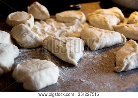 Cooking Meat Pies From Dough Using Flour, Healthy Homemade Cakes. View From Above. Traditional Russi