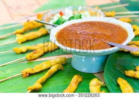 Grilled Satay Pork, Thailand Traditional Popular Food Stick With Wood Strick, Cooked Ready To Eat Wi