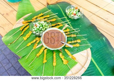Grilled Satay Pork, Thailand Traditional Popular Food Stick With Wood Strick, Cooked Ready To Eat Wi