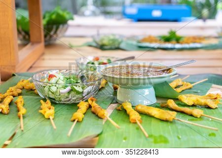 Grilled Satay Pork, Thailand Traditional Popular Food Stick With Wood Strick, Cooked Ready To Eat Wi