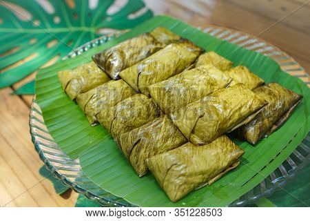 Khao Tom Mad Or Steamed Mung Bean With Sticky Rice Is The Local And Trandition Thai Dessert. It's Wr