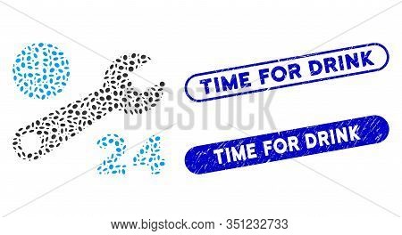 Mosaic Service Hours And Corroded Stamp Seals With Time For Drink Phrase. Mosaic Vector Service Hour