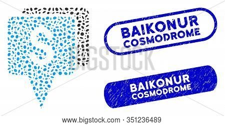 Mosaic Bank Map Pointers And Rubber Stamp Watermarks With Baikonur Cosmodrome Text. Mosaic Vector Ba