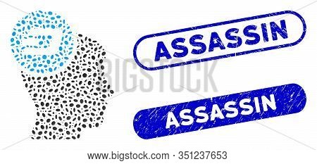 Collage Dash Idea Head And Grunge Stamp Seals With Assassin Phrase. Mosaic Vector Dash Idea Head Is 