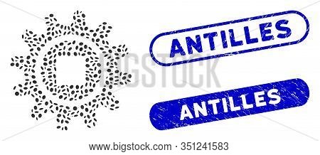 Mosaic Cog And Corroded Stamp Seals With Antilles Caption. Mosaic Vector Cog Is Composed With Random