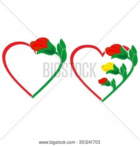 Heart Icon. Red Love Icons Decorated With Roses, Isolated Heart Icons White Background. Heart Icon A