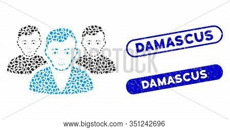 Mosaic User Group And Grunge Stamp Seals With Damascus Text. Mosaic Vector User Group Is Composed Wi