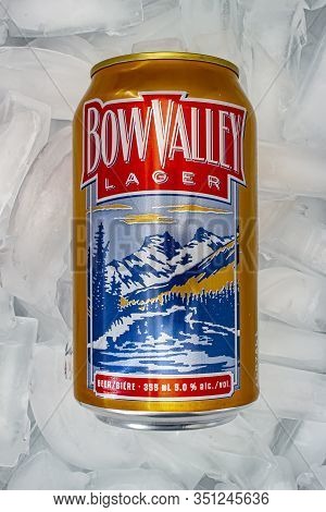 Calgary Alberta, Calgary. Feb 15 2020. Bow Valley Lager Beer Can On Ice, Big Rock Brewery