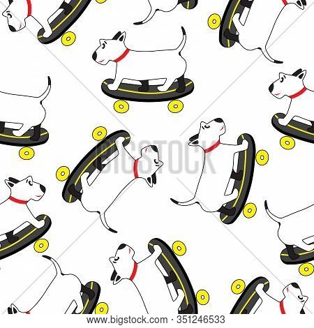 Dog On Skateboard Seamless Pattern. Background Isolated On White For Use On Wrapping Paper, Fabric, 