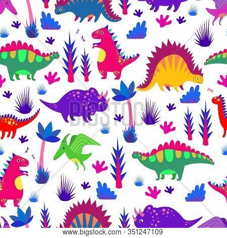 Bright Colorful Funny Dinosaurs Seamless Pattern. Cartoon Flat Style