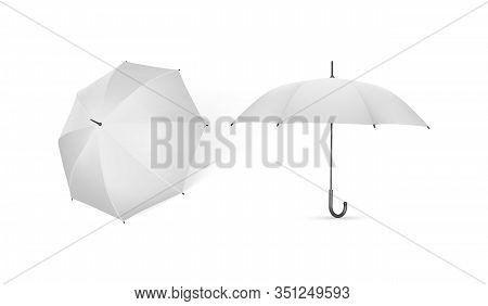 Two White Umbrellas From Different Sides Isolated On White Background Vector Mock Up Template