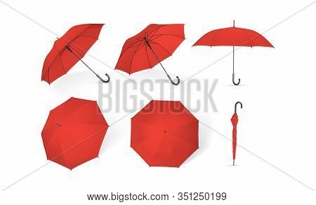 Red Umbrellas From Different Sides Isolated On White Background