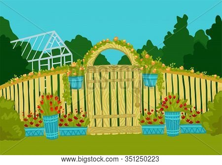 Summer Landscape. Entrance To The Green Garden, With Wood Fence. Vector Illustration.