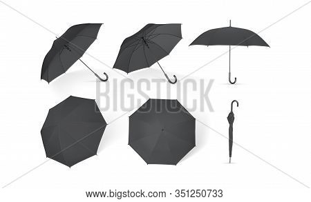 Collection Of Black Umbrellas Isolated On A White Background Vector Mock