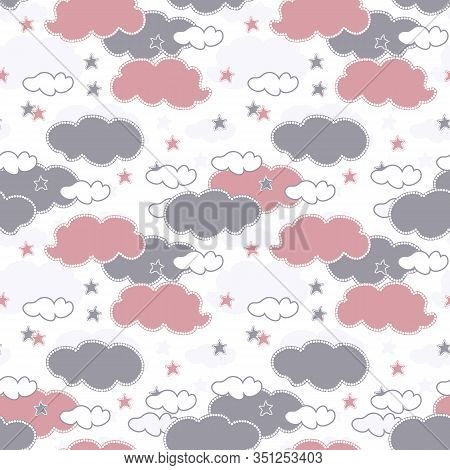 Cute Baby Vector Seamless Pattern. Cartoon Gray And White Clouds And Stars On White Background. Swee