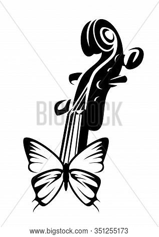 Beautiful Butterfly With Open Wings And Violin Neck - Harmony Of Classical Musical Instrument And Na