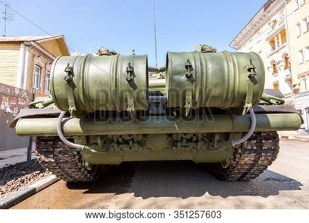 Samara, Russia - May 5, 2018: Back Viewof The Russian Army Main Battle Tank T-72b3m At The City Stre
