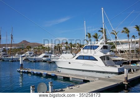 Puerto Calero, Lanzarote, Spain - December 29, 2019: Marina Of Puerto Calero On A Sunny Day In Lanza