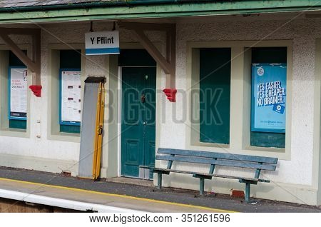 Flint, Uk: Feb 11, 2020: The 2 Platform Flint Railway Station Lies On The North Wales Coast Line. Th