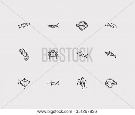 Seafood Icons Set. Crab And Seafood Icons With Flatfish, Moon Fish And Lobster. Set Of Crayfish For 