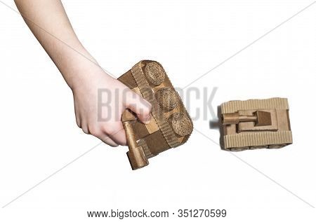 Childrens Hands Play With Tanks. Two Toy Tanks Made By Children From Corrugated Cardboard. Toy Cardb
