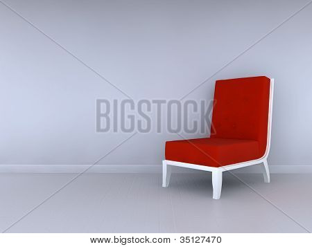 เก้าอี้แดงคนเดียวในภายในมินิมัลลิสต์