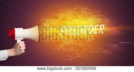 Young girld shouting in megaphone with PREORDER inscription, online shopping concept