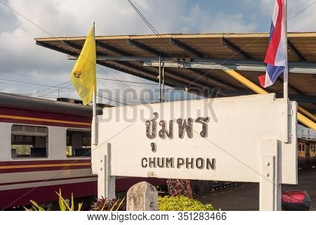 Chumphon, Thailand - February 28, 2019: Chumphon Railway Station sign in Southern Thailand