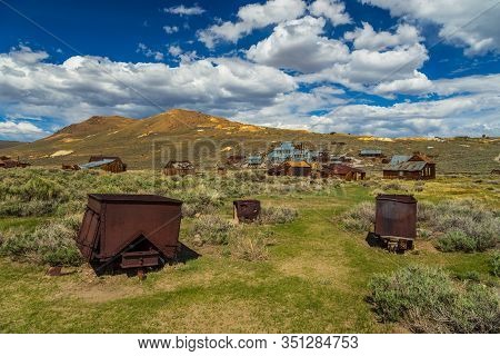 View Of The Bodie, Ghost Town. Bodie State Historic Park. Abandoned Wooden Houses And Standard Conso