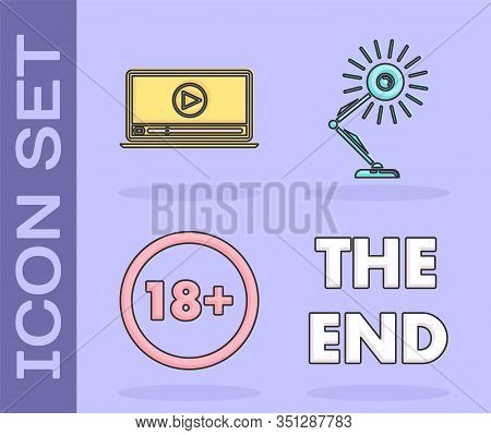 Set The End Handwritten Inscription , Online Play Video , Under 18 Years And Table Lamp Icon. Vector