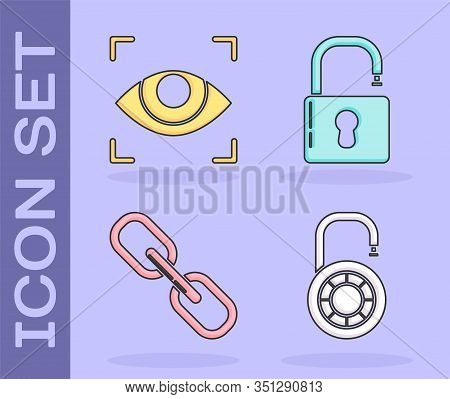 Set Safe Combination Lock Wheel , Eye Scan , Chain Link And Open Padlock Icon. Vector