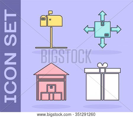 Set Gift Box , Open Mail Box , Warehouse And Cardboard Box With Traffic Symbol Icon. Vector
