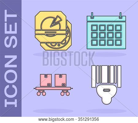 Set Scanner Scanning Bar Code , Pizza In Cardboard Box , Railway Carriage And Calendar Icon. Vector