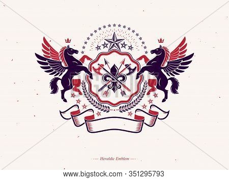 Heraldic Coat Of Arms, Vintage Vector Emblem Composed With Ancient Weapon, Hatchets And Spears. Vect