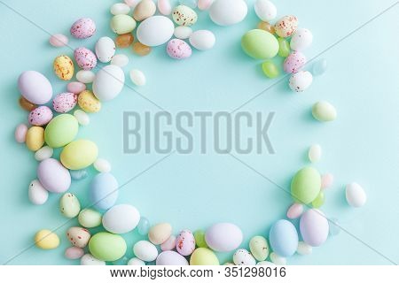 Happy Easter Concept. Preparation For Holiday. Easter Candy Chocolate Eggs And Jellybean Sweets Isol