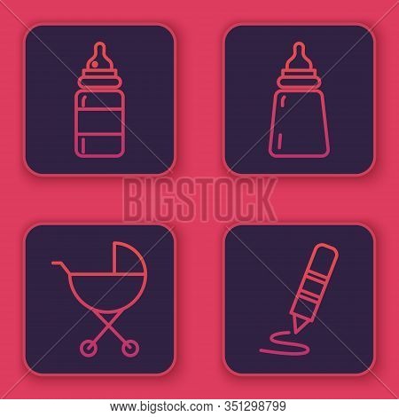 Set Line Baby Bottle, Baby Stroller, Baby Bottle And Wax Crayon For Drawing. Blue Square Button. Vec