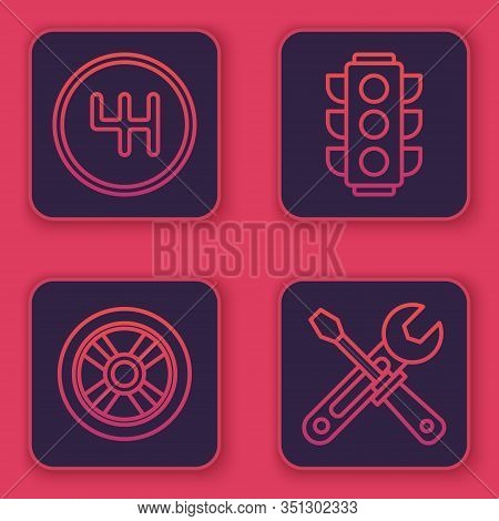 Set Line Gear Shifter, Car Wheel, Traffic Light And Screwdriver And Wrench Tools. Blue Square Button