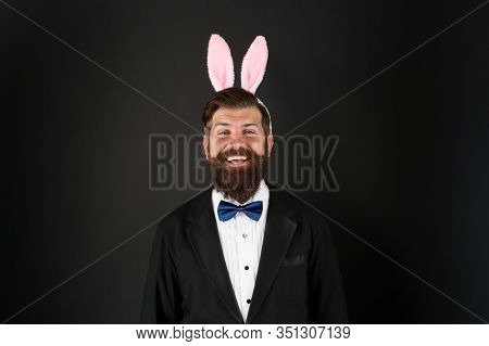 Hippity Hoppity Happy Easter. Bearded Man Celebrate Easter. Happy Businessman Wear Rabbit Ears. East
