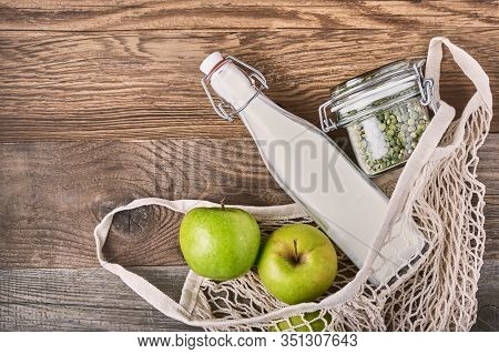 Zero Waste, Plastic-free And Eco-friendly Lifestyle And Shopping. Cotton Mesh Bag, Products In Glass