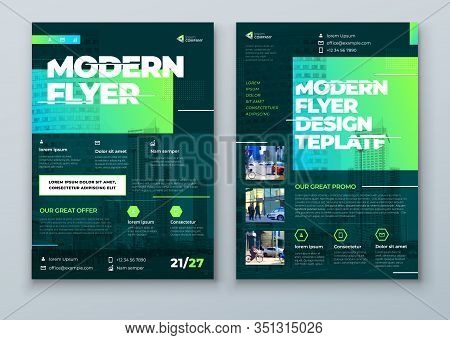 Flyer Design. Green Modern Flyer Background Design. Template Layout For Flyer. Concept With Dynamic 