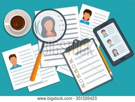 Concept Of Recruitment, Manager Searching Candidate For Hiring. Mobile App With List Of Job Applican