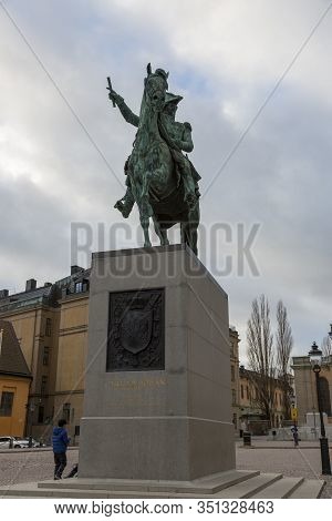 Stockholm, Sweden - January 16, 2020: Statue Of Charles Xiv Johan In Stockholm On The Square In Fron