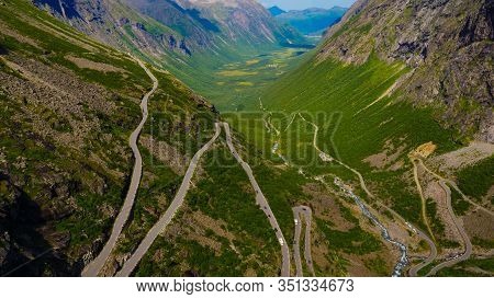 Trolls Path Trollstigen Winding Scenic Mountain Road With Many Cars, Norway Europe. National Tourist