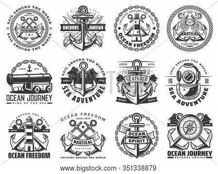 Sea Travel Ship And Nautical Anchor Vector Icons With Sail Boat Ropes, Chains And Marine Compasses, 