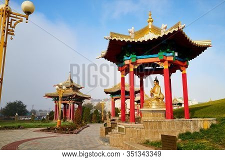 Elista, Russia - October 26, 2019: Gazebo In The Form Of A Pagoda Inside Of The Park Near Buddhist T
