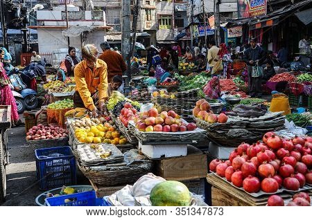 Udaipur, India - Jan 03, 2020: Traditional Indian Street Market In Udaipur Rajasthan, India