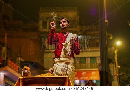 Varanasi, India - Dec 25, 2019: Ganga Aarti On The Dashashwamedh Ghat At Varanasi Uttar Pradesh Indi